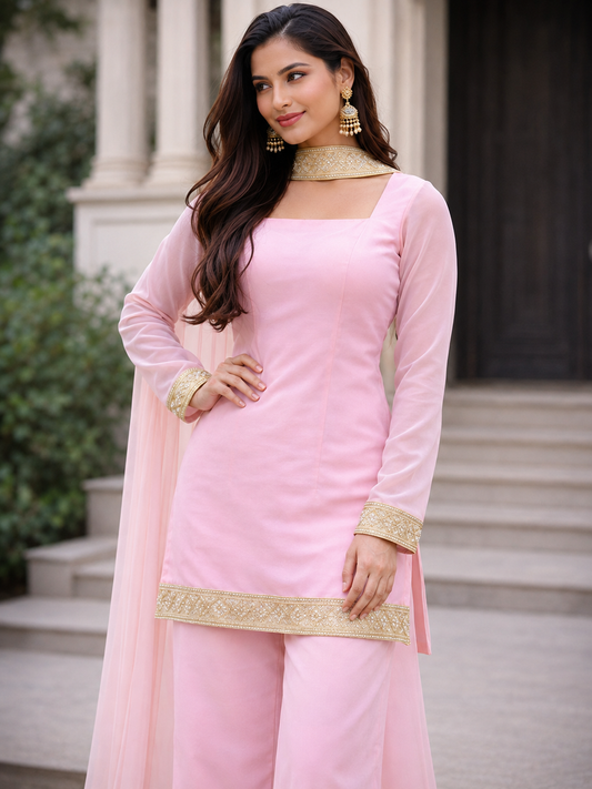 Blush Pink Embroidered Chanderi Silk Palazzo Suit Set with Dupatta