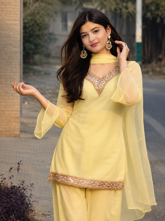 Women's Lemon Yellow Embroidered Kurta Set with Dupatta