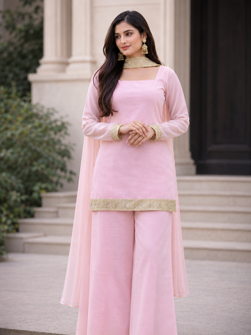 Blush Pink Embroidered Chanderi Silk Palazzo Suit Set with Dupatta