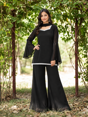 Classic Black Georgette Flared Sleeve Palazzo Suit Set
