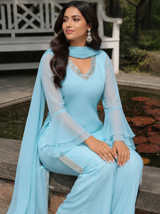 Women's Sky Blue Embroidered Kurta Set with Dupatta