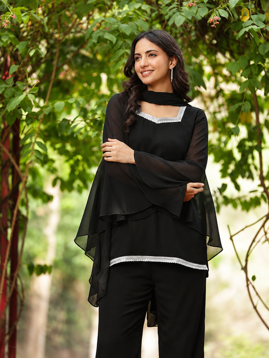 Classic Black Georgette Flared Sleeve Palazzo Suit Set