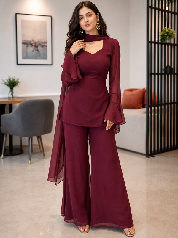 Wine Georgette Kurti Set