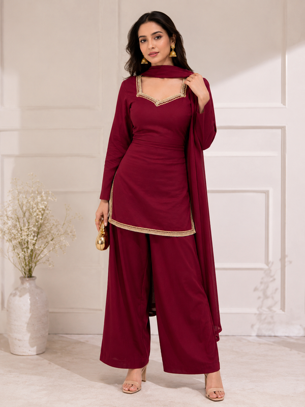 Maroon Kurta with Flared Palazzo Set