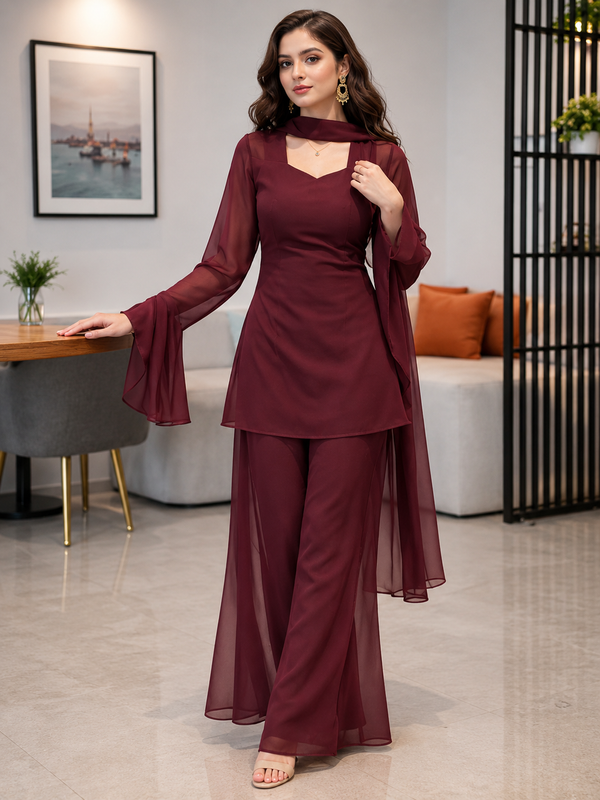 Wine Georgette Kurti Set