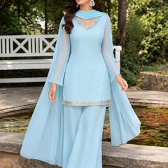 Blue Embellished Kurta with Flared Palazzo Set