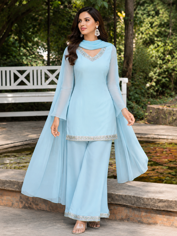 Blue Embellished Kurta with Flared Palazzo Set