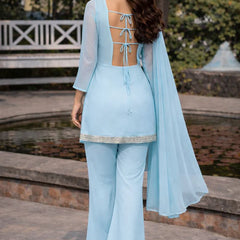 Blue Embellished Kurta with Flared Palazzo Set