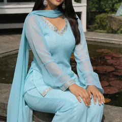 Blue Embellished Kurta with Flared Palazzo Set