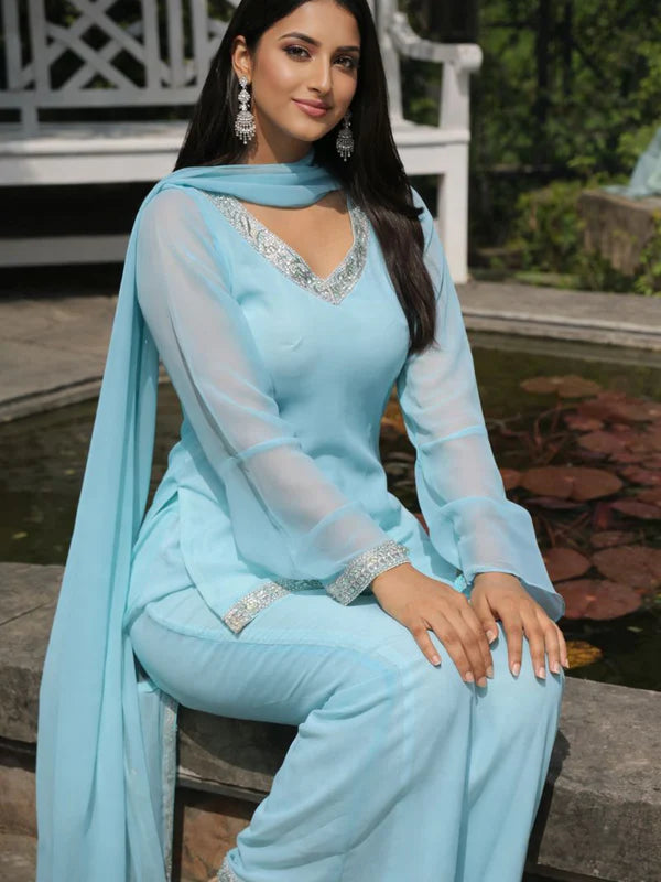 Blue Embellished Kurta with Flared Palazzo Set