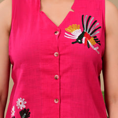 Deep Pink Bird Embroidered Linen Blend Vest Styled Top with Pants Coordset