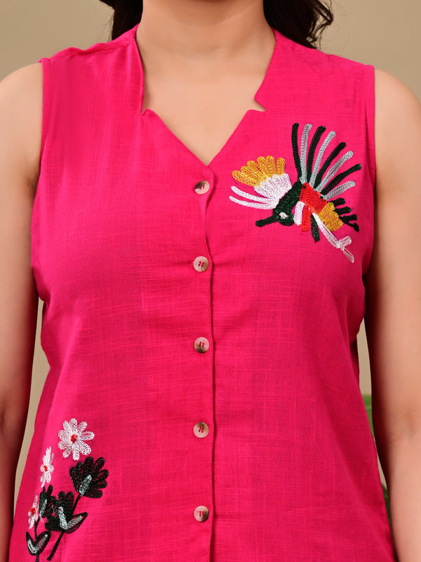 Deep Pink Bird Embroidered Linen Blend Vest Styled Top with Pants Coordset
