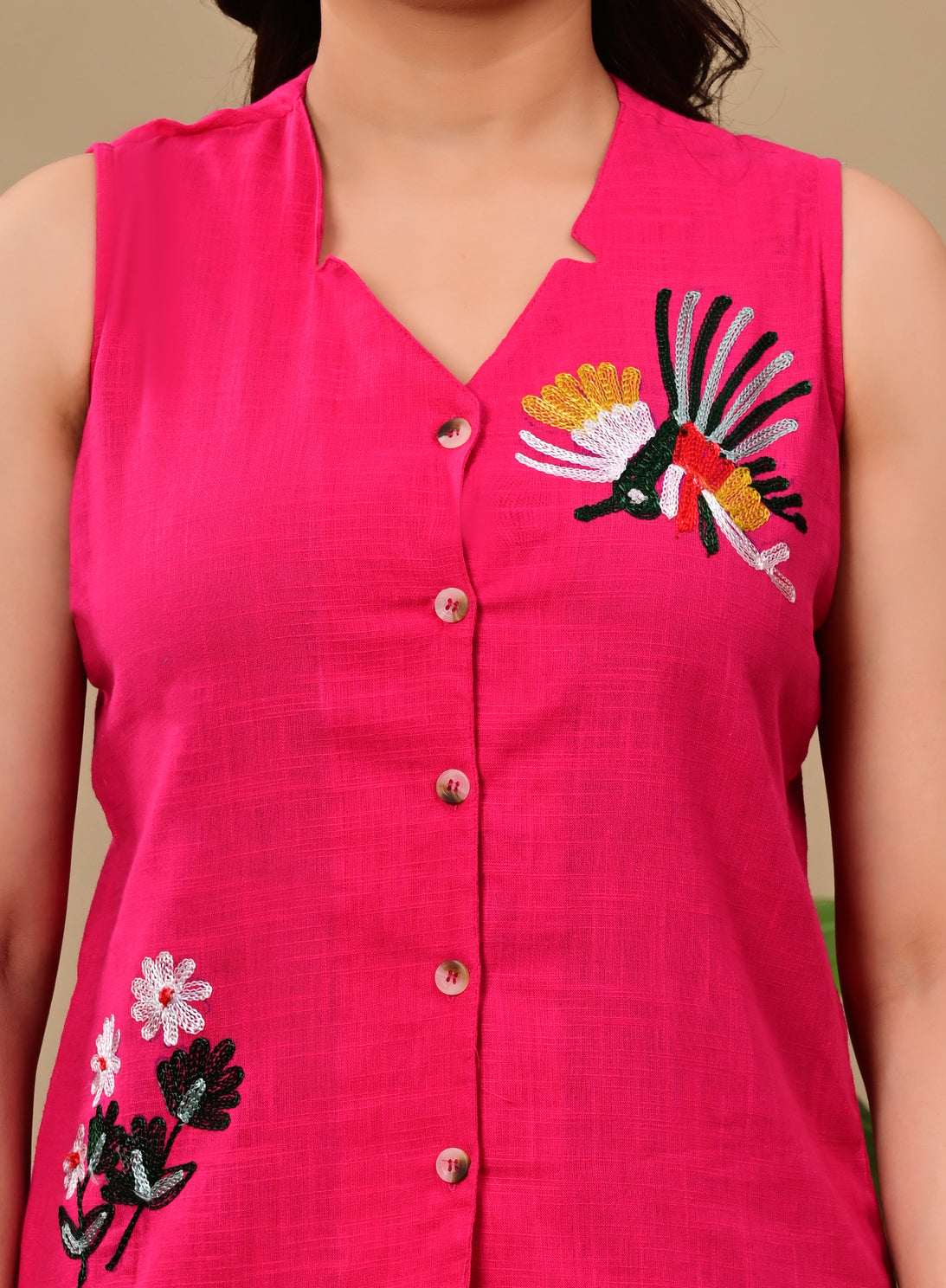 Women's Fuchsia Pink Embroidered Sleeveless Co-Ord Set