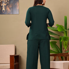 Dark Green Solid Color Linen blend  Coordset