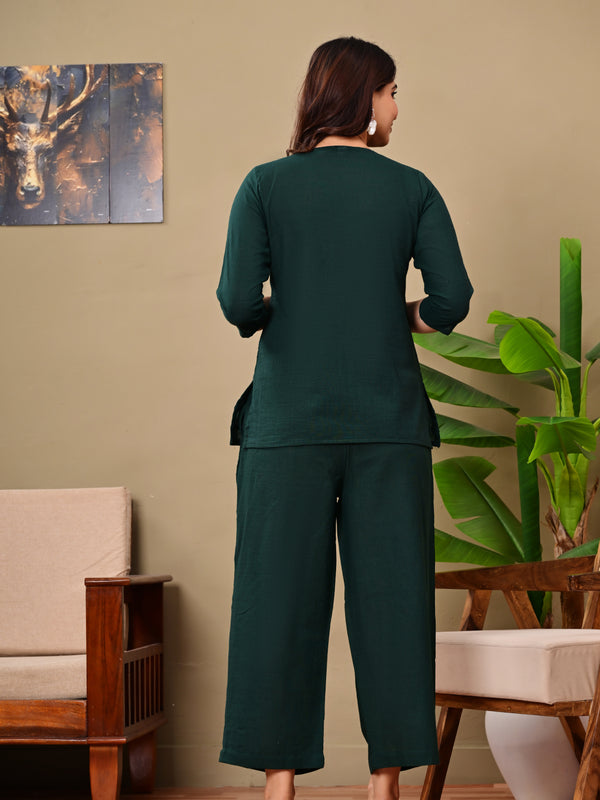 Dark Green Solid Color Linen blend  Coordset