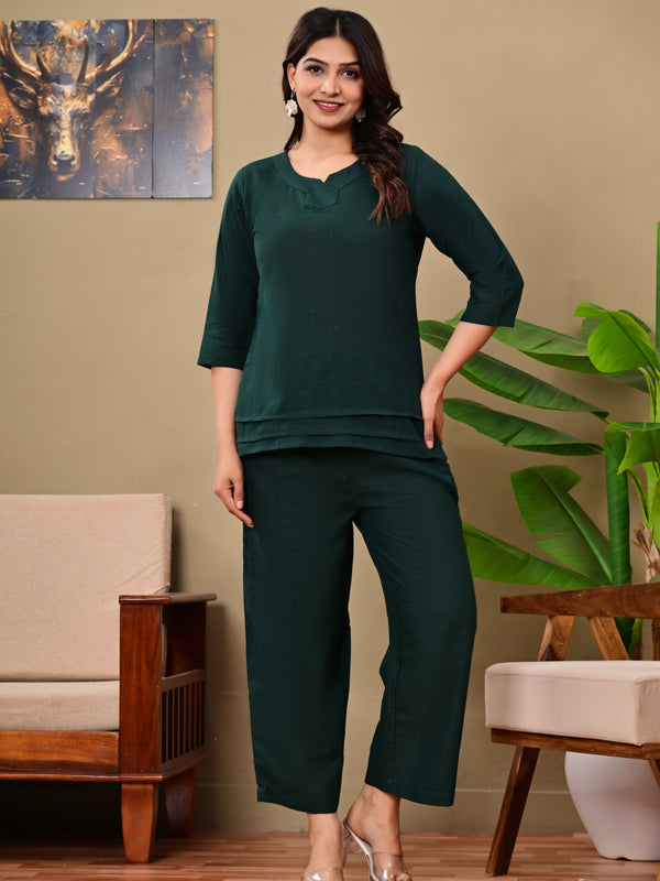 Dark Green Solid Color Linen blend  Coordset