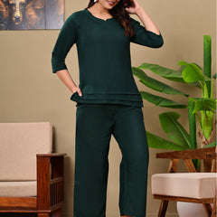 Dark Green Solid Color Linen blend  Coordset