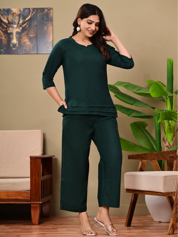 Dark Green Solid Color Linen blend  Coordset