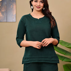 Dark Green Solid Color Linen blend  Coordset
