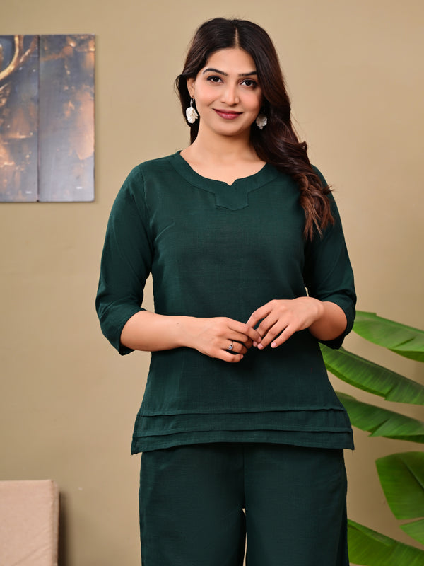 Dark Green Solid Color Linen blend  Coordset