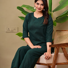 Dark Green Solid Color Linen blend  Coordset