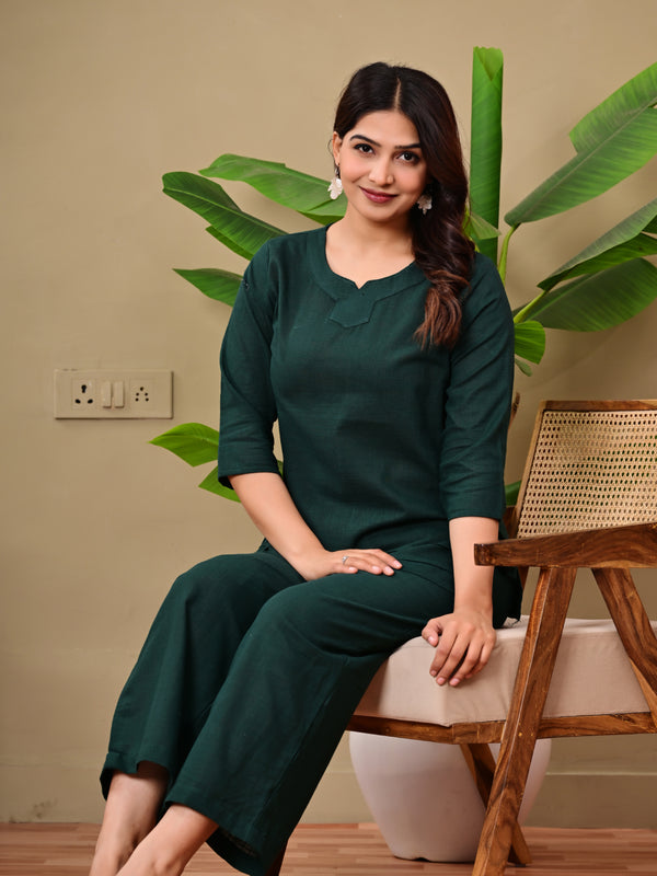 Dark Green Solid Color Linen blend  Coordset