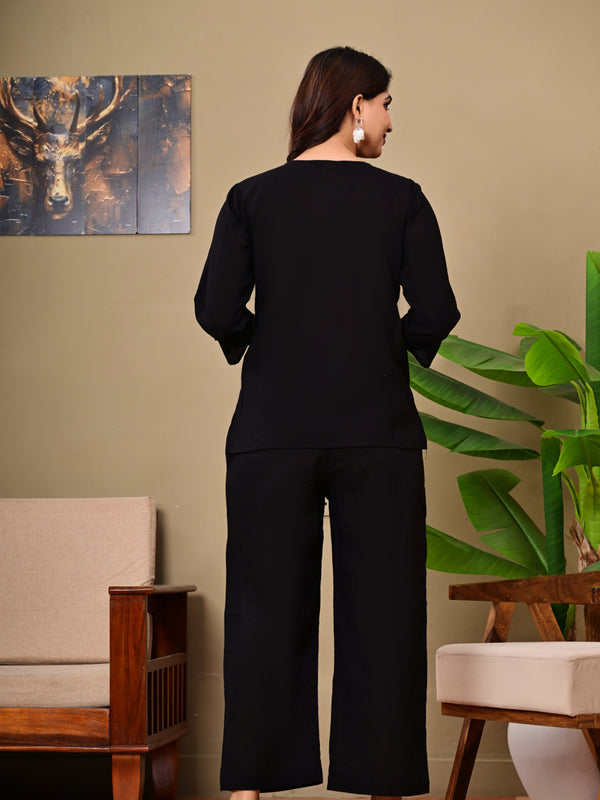 Black Solid Color Linen blend  Coordset