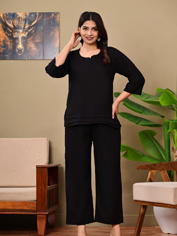 Black Solid Color Linen blend  Coordset