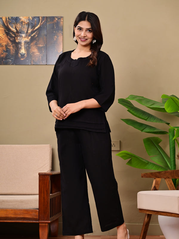Black Solid Color Linen blend  Coordset
