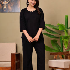Black Solid Color Linen blend  Coordset