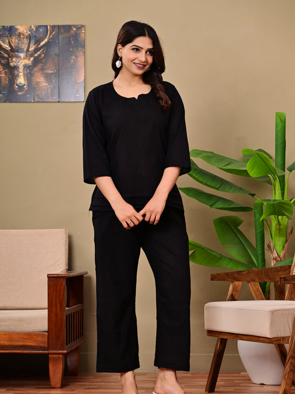 Black Solid Color Linen blend  Coordset