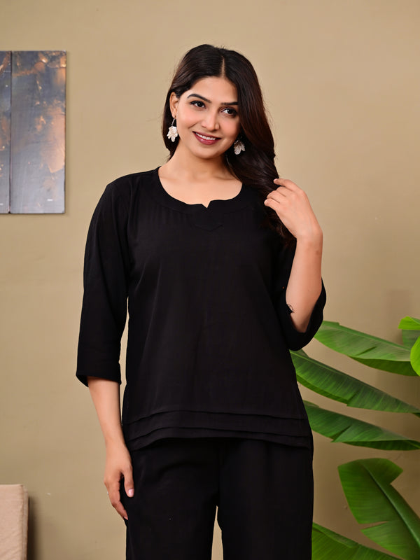 Black Solid Color Linen blend  Coordset