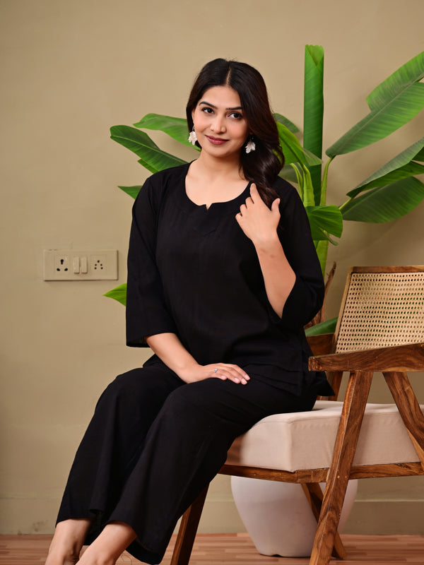 Black Solid Color Linen blend  Coordset