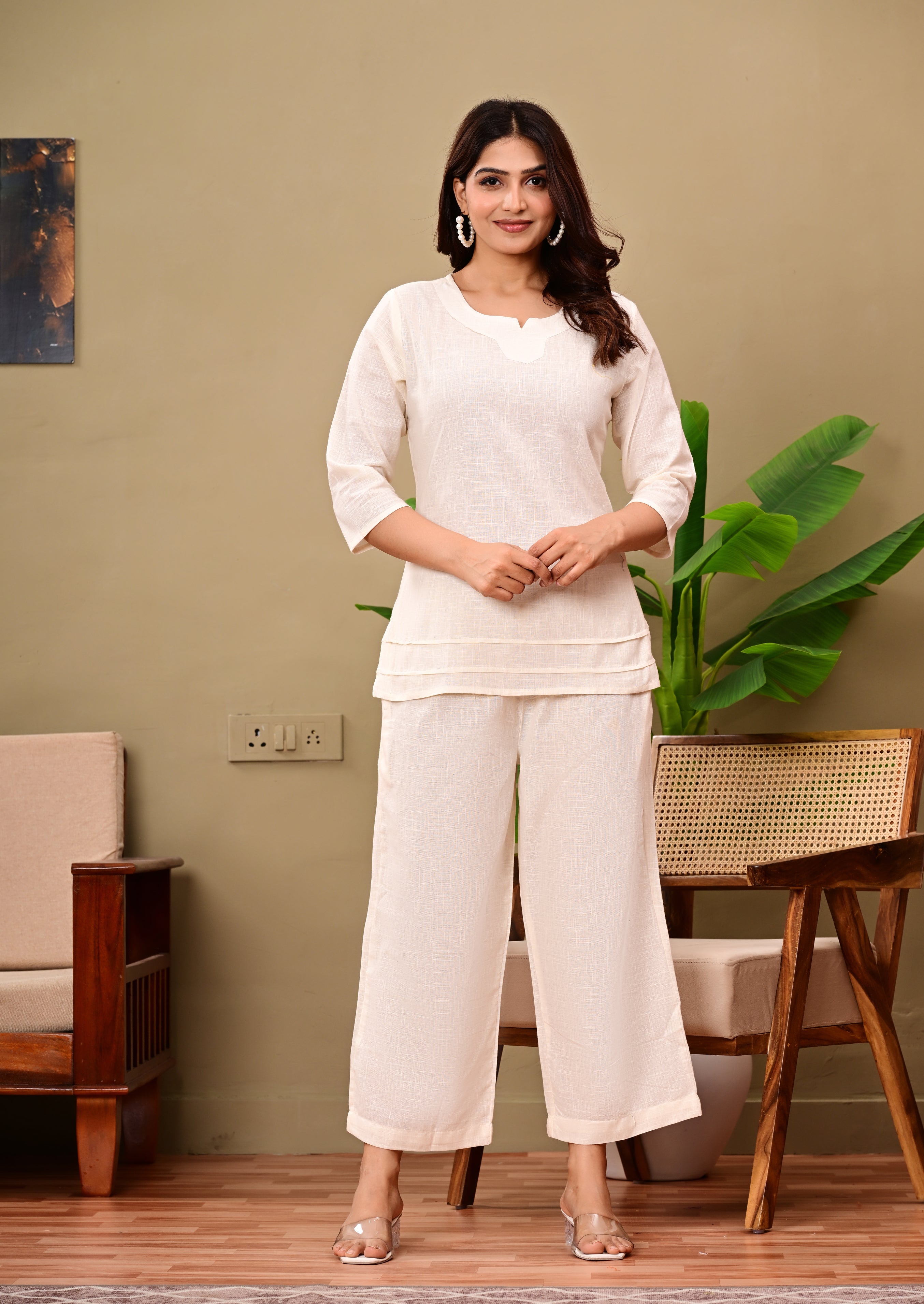 Women's Off-White Solid Co-Ord Set