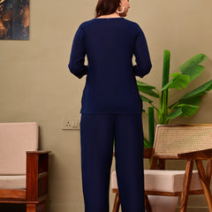 Navy Blue Solid Color Linen blend  Coordset