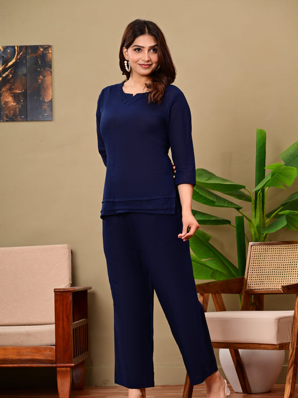 Navy Blue Solid Color Linen blend  Coordset