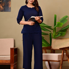 Navy Blue Solid Color Linen blend  Coordset