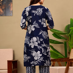 Deep Blue Floral Print V-neck Kurta with Pants set