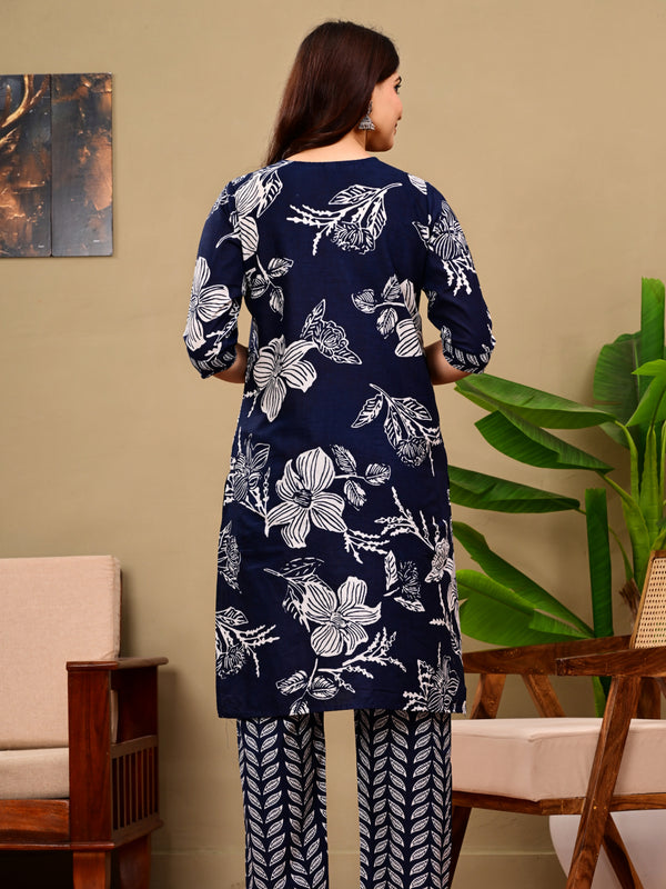 Deep Blue Floral Print V-neck Kurta with Pants set