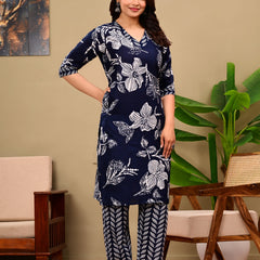 Deep Blue Floral Print V-neck Kurta with Pants set