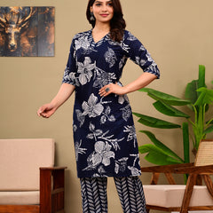Deep Blue Floral Print V-neck Kurta with Pants set