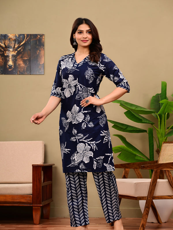 Deep Blue Floral Print V-neck Kurta with Pants set