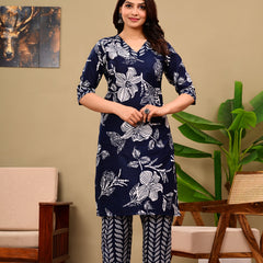 Deep Blue Floral Print V-neck Kurta with Pants set