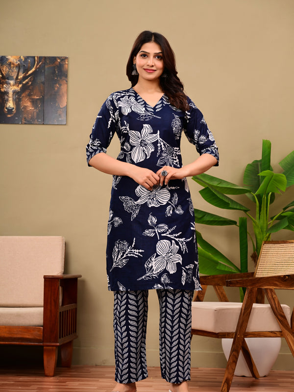 Deep Blue Floral Print V-neck Kurta with Pants set