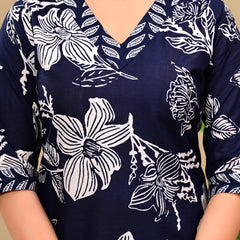 Deep Blue Floral Print V-neck Kurta with Pants set