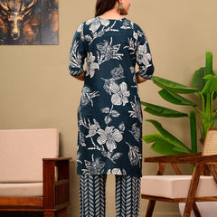 Deep Blue Floral Print V-neck Kurta with Pants set