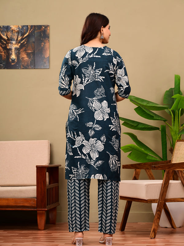 Deep Blue Floral Print V-neck Kurta with Pants set
