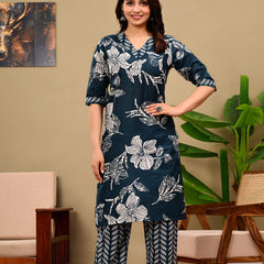 Deep Blue Floral Print V-neck Kurta with Pants set