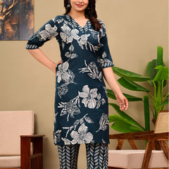 Deep Blue Floral Print V-neck Kurta with Pants set
