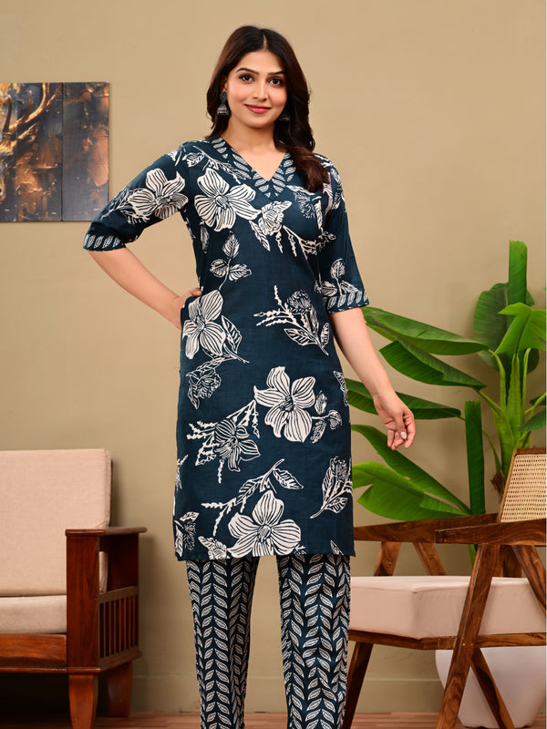 Deep Blue Floral Print V-neck Kurta with Pants set